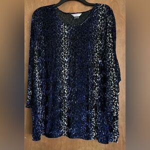 Allison Daley Women Blue Black Top Velvet Burnout Leopard Tunic Long Sleeve 3X